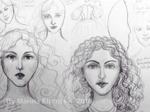 Sketches for muses by Marina Elphick, batik artist and doll maker UK.