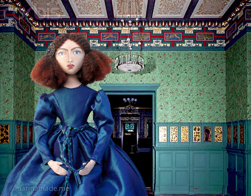 Jane Morris muse, favoured by Rossetti, hand sewn art doll, stitched and painted by Marina Elphick, UK artist.