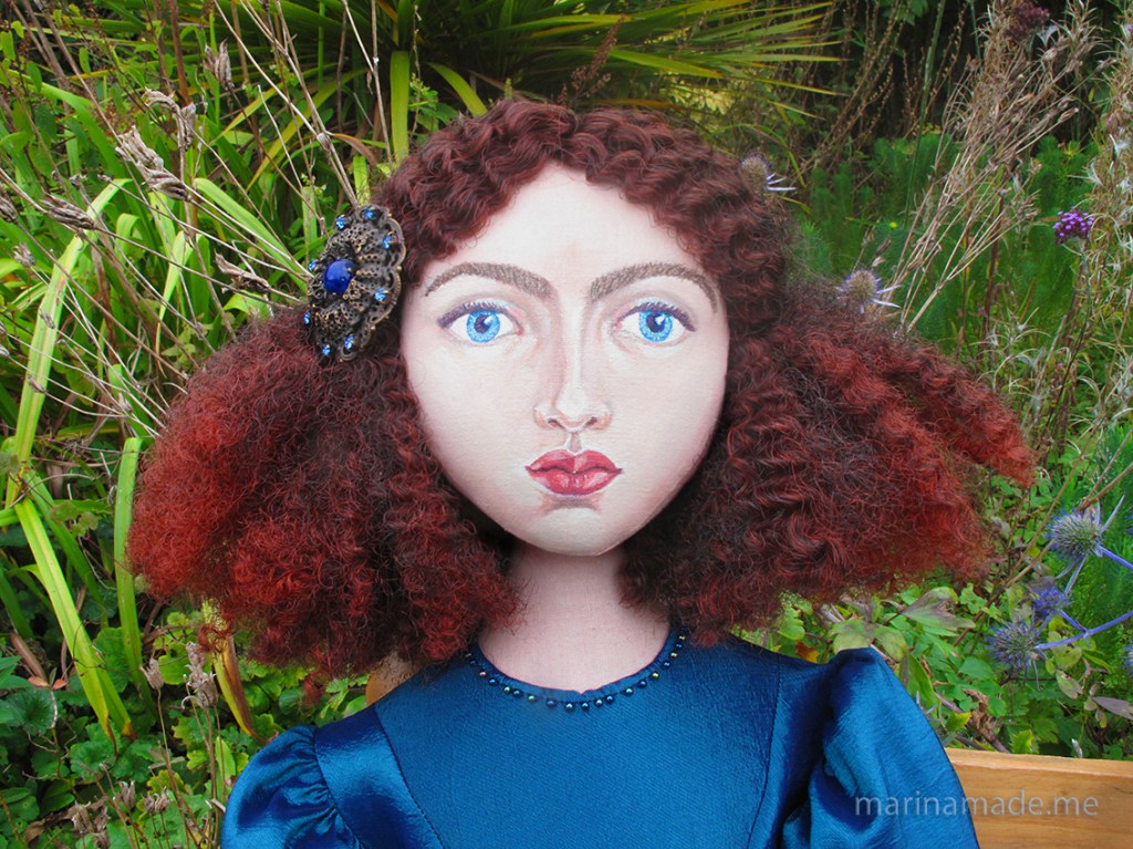 Jane Morris muse, favoured by Rossetti, hand sewn art muse, stitched and painted by Marina Elphick, UK artist.
