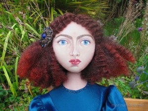 Jane Morris muse, favoured by Rossetti, hand sewn art muse, stitched and painted by Marina Elphick, UK artist.