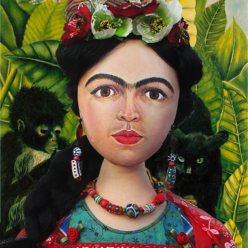 Marina's Frida Kahlo muse set against detail from Kahlo's "self portrait with necklace of thorns".
