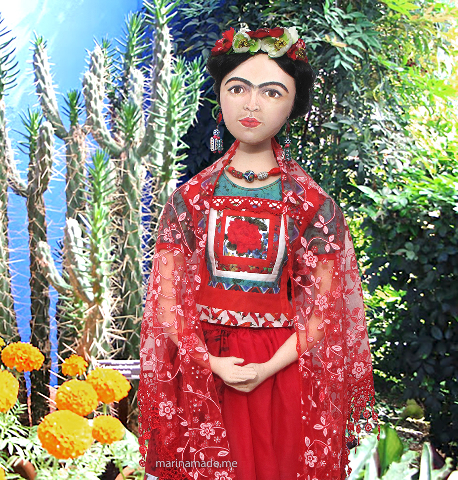 Frida Kahlo art muse by Marina. Frida Kahlo, one of Marina's Muses, soft sculpted icon of art.