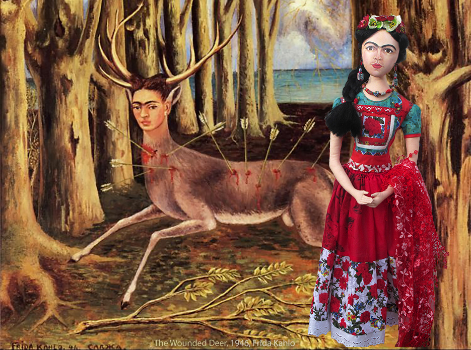 Frida muse, art figure hand made using vintage, hand dyed and Liberty cottons.