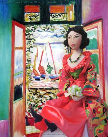 Muse by 'Open Window Collioure' by Henri Matisse, 1905. Matisse muse Lydia was hand made by Marina Elphick for 'Marina's Muses'.