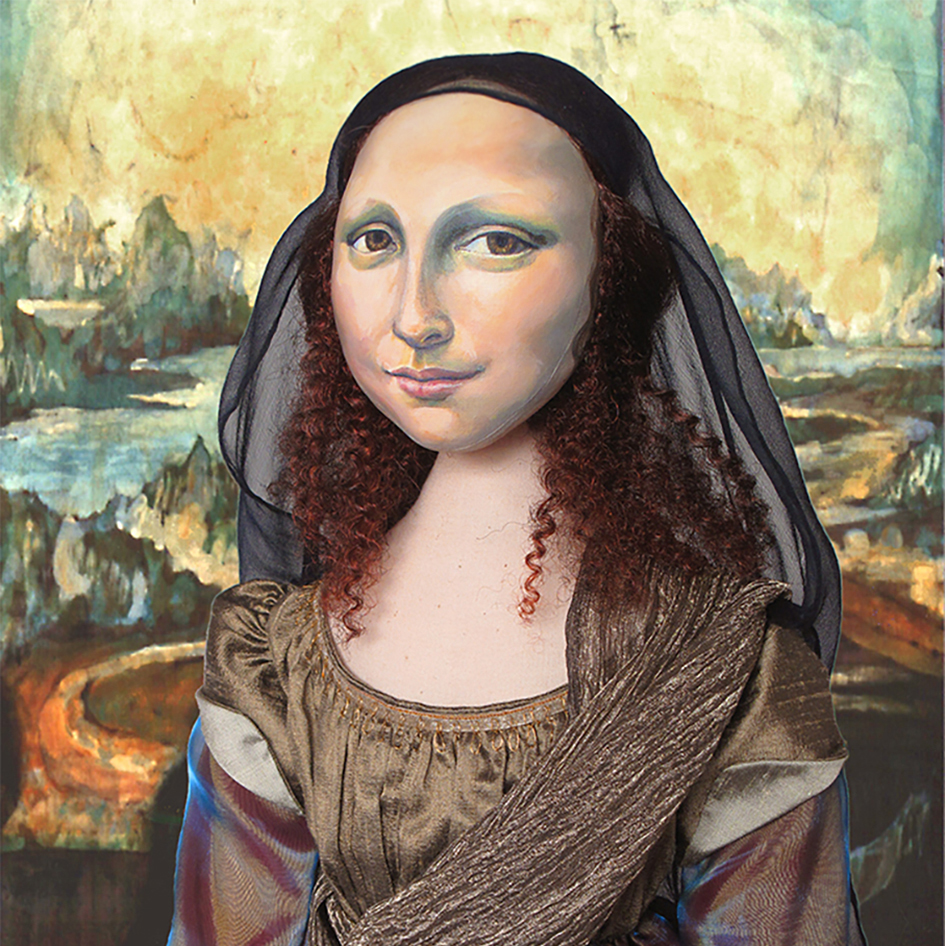 Detail of Mona Lisa, La Joconde, with batik "Leonardo style" Italian landscape, by Marina Elphick. Mona Lisa muse sculpted in textiles by Marina Elphick.