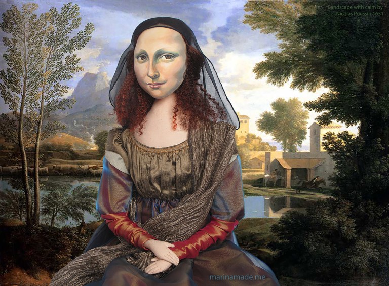 Mona muse in "Landscape With a Calm," by Nicolas Poussin, 1651. Mona Lisa muse sculpted in textiles by Marina Elphick.