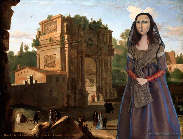 Mona Lisa muse at The Arch of Constantine, Rome, painted by by Herman van Swanevelt, 1600-1665. Mona Lisa muse sculpted in textiles by Marina Elphick.