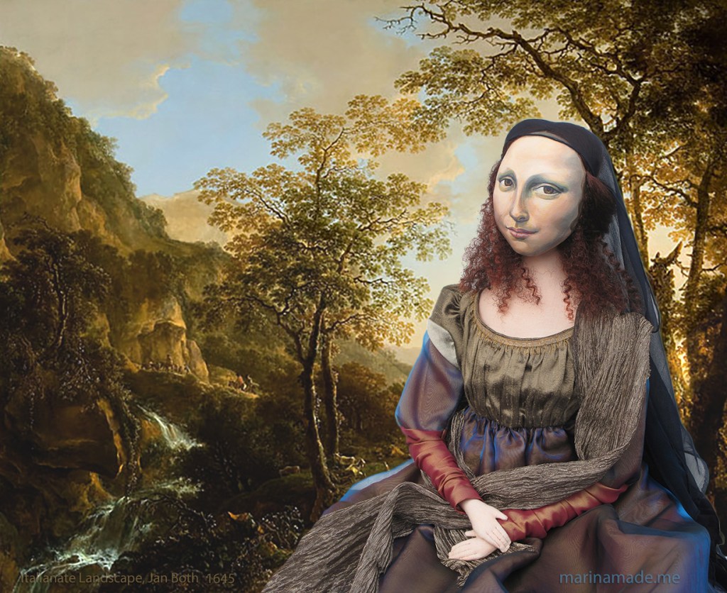 Mona Lisa muse resting in Italianate Landscape, by Jan Both. Mona Lisa muse sculpted in textiles by Marina Elphick.