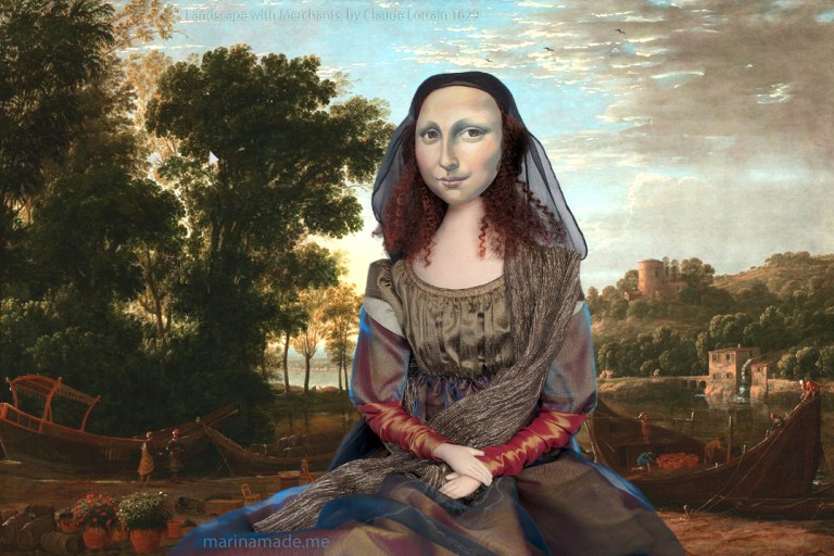 Mona Lisa muse in Claude Lorrain Landscape with Merchants. Mona Lisa muse sculpted in textiles by Marina Elphick.