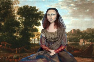Mona Lisa muse in Claude Lorrain Landscape with Merchants. Mona Lisa muse sculpted in textiles by Marina Elphick.