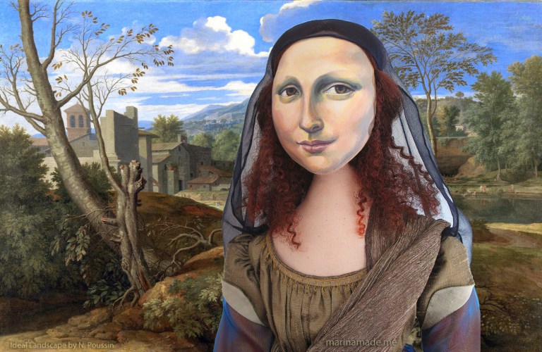 Mona Lisa muse, by Marina Elphick, with a Nicolas Poussin painting, "Ideal landscape". Mona Lisa muse sculpted in textiles by Marina Elphick.