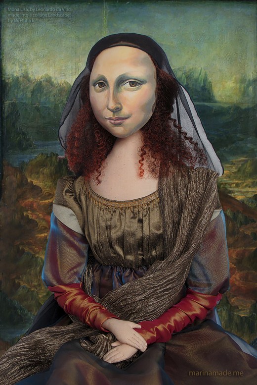 Mona Lisa muse with a collage of Leonardo da Vinci's painting. Mona Lisa muse, handmade soft sculpture, dressed in silk and rayon, with metallic thread embroidery, made by Marina Elphick.