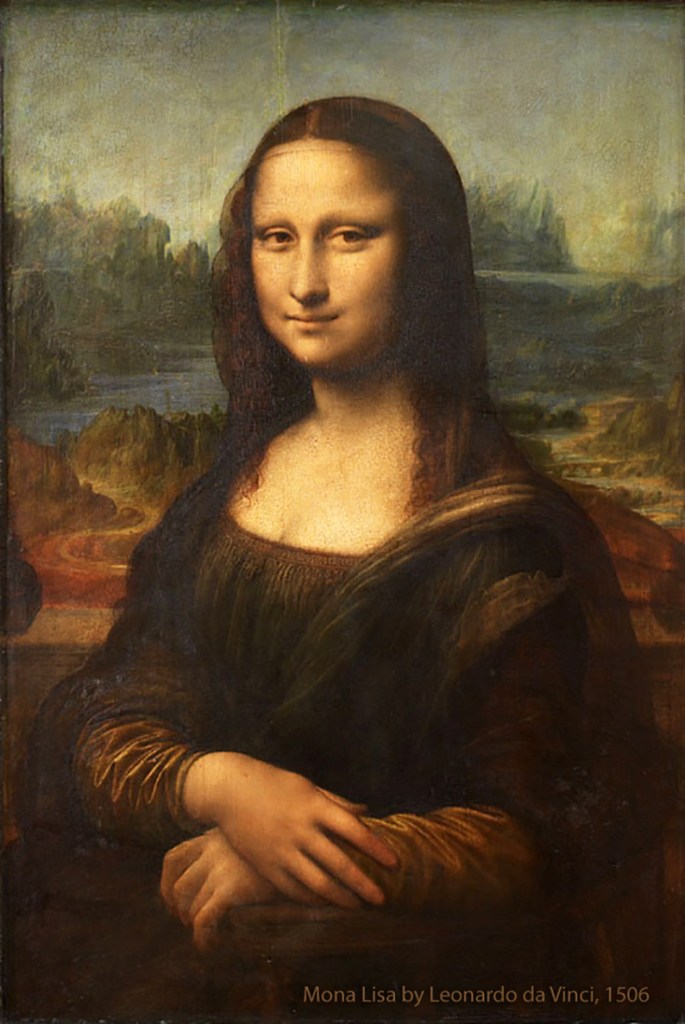 The original Mona Lisa portrait by Leonardo da Vinci, painted between 1503-06 on poplar wood panel.
