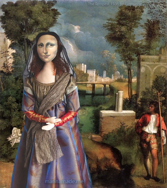 La Gioconda, La Joconde, Lisa Gherardini, or as we all know her, Mona Lisa. Mona Lisa muse set against a painting by Italian master Giorgione," The Tempest" 1506. Mona Lisa muse sculpted in textiles by Marina Elphick.