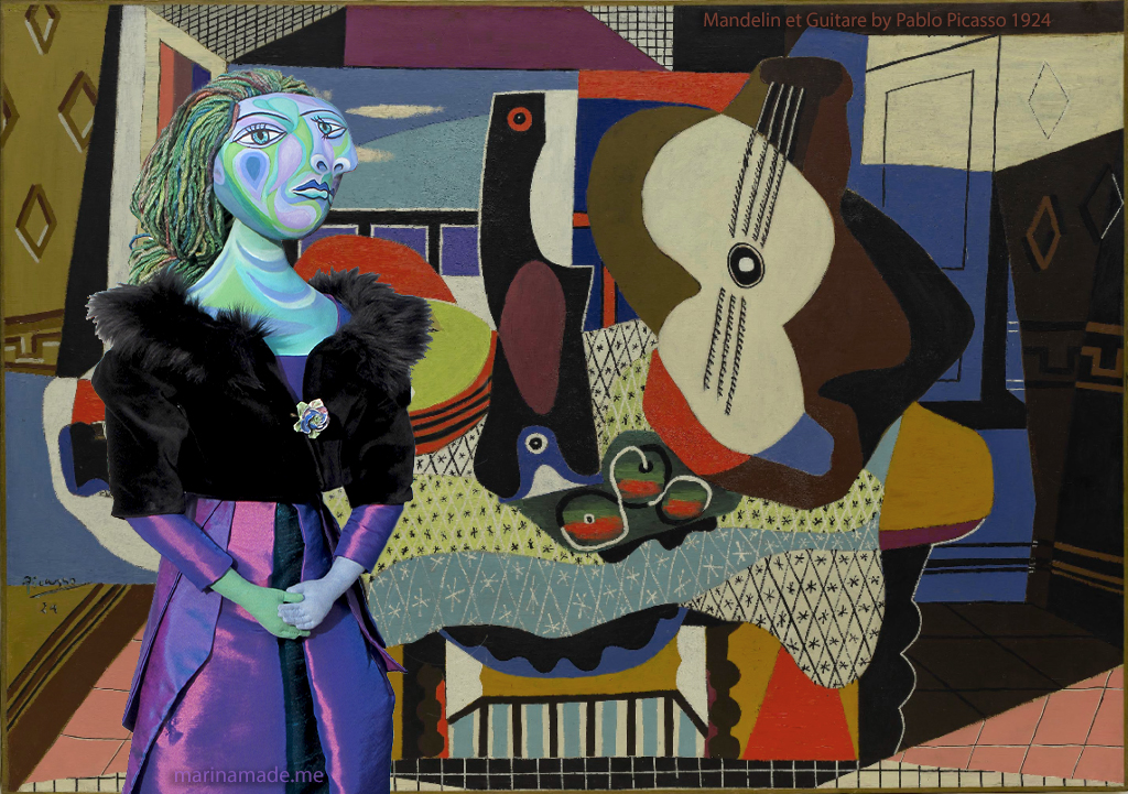 My muse of Dora Maar in front of Picasso's painting, "Mandelin et Guitare". Dora Maar muse, designed and sculpted in textiles by artist, Marina Elphick.Dora Maar, muse and lover of Picasso.