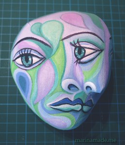 Detail of Dora's painted head inspired by Picasso. Dora Maar muse, designed and sculpted in textiles by artist, Marina Elphick.