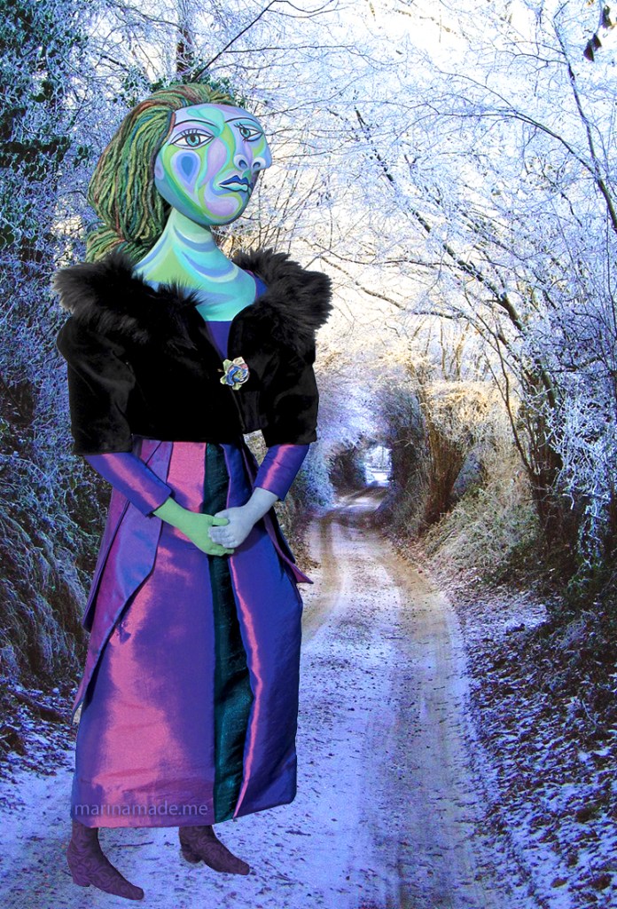 Dora Maar muse, inspired by Picasso, in Frosty lane. Dora Maar muse, designed and sculpted in textiles by artist, Marina Elphick.Dora Maar, muse and lover of Picasso.