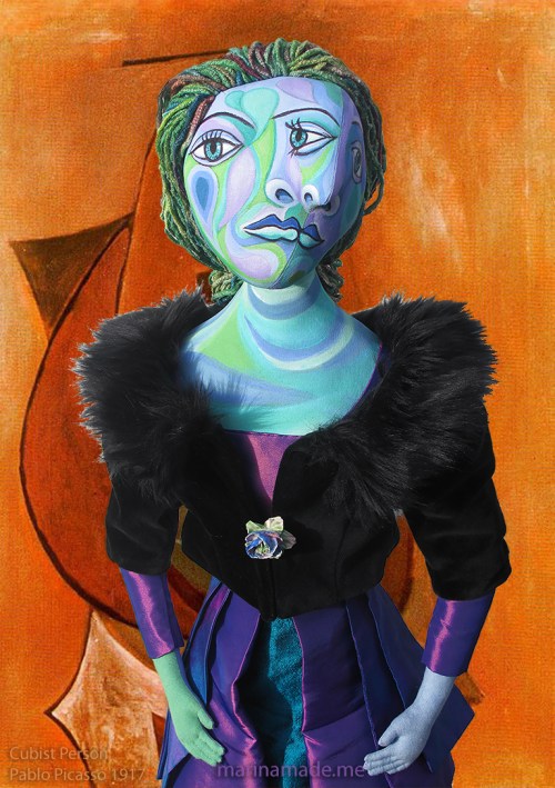 Dora Maar with Cubist person, by Picasso 1917. Dora Maar, muse and lover of Picasso. Dora Maar muse, designed and sculpted in textiles by artist, Marina Elphick.