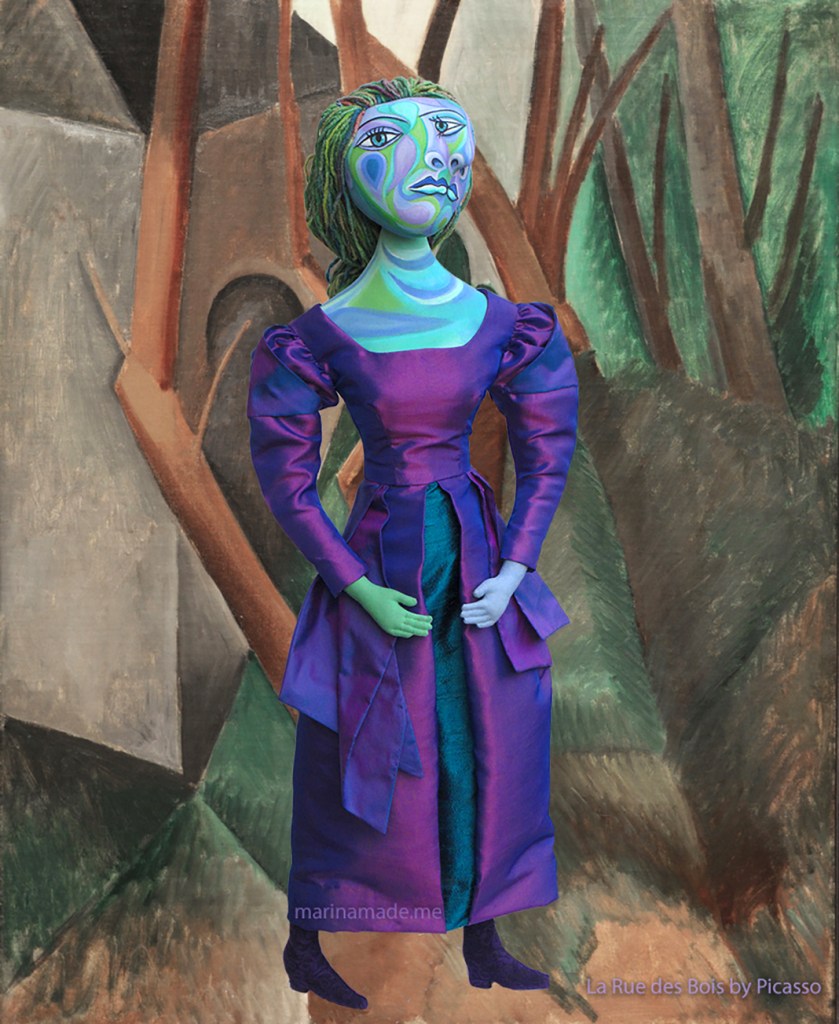 Dora Maar muse set in Picasso's painting, " La Rue des Bois", 1908. Dora Maar muse, designed and sculpted in textiles by artist, Marina Elphick. Picasso's paintings.Dora Maar, Picasso's muse and lover, Dora Maar was a renowned Surrealist photographer and artist herself.
