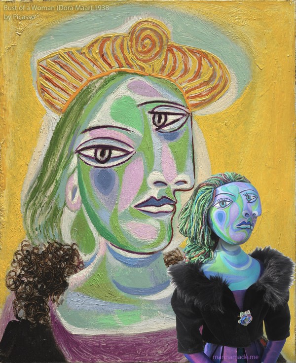Muse, Dora Maar with the painting that inspired her, "Bust of a Woman ", 1938, by Pablo Picasso. Dora Maar muse, designed and sculpted in textiles by artist, Marina Elphick. Picasso's model and muse
