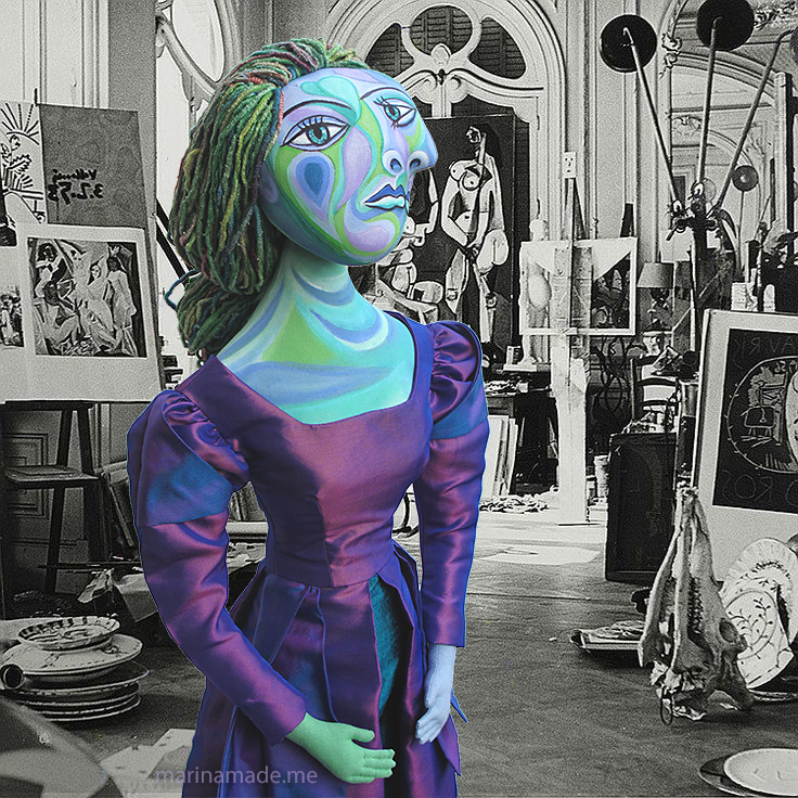 Muse, Dora Maar in Picasso's studio, photograph by André Villers. Dora Maar muse, designed and sculpted in textiles by artist, Marina Elphick.Dora Maar, muse and lover of Picasso.