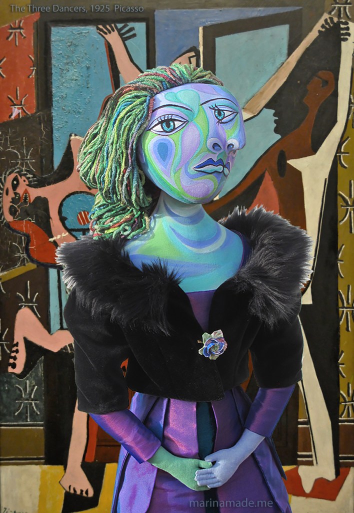 Dora Maar muse with "The Three Dancers," by Pablo Picasso, 1925. Dora Maar muse, designed and sculpted in textiles by artist, Marina Elphick. Dora Maar, muse and lover of Picasso.