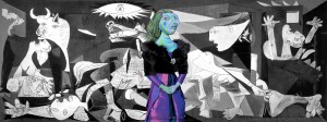 Dora Maar muse with Picasso's epic painting Guernica. Dora Maar, Picasso's muse and lover, photographed the painting in progress. Dora Maar muse, designed and sculpted in textiles by artist, Marina Elphick.Dora Maar, Picasso's muse and lover, was a talented photographer and artist herself.