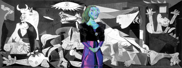 Dora Maar muse with Picasso's epic painting Guernica. Dora Maar, Picasso's muse and lover, photographed the painting in progress. Dora Maar muse, designed and sculpted in textiles by artist, Marina Elphick.Dora Maar, Picasso's muse and lover, was a talented photographer and artist herself.