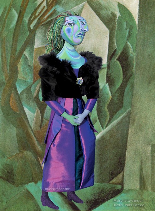 Dora Maar muse in " Maisonette dans un jardin" by Picasso 1908. Dora Maar muse, designed and sculpted in textiles by artist, Marina Elphick.Dora Maar, Picasso's muse and lover, was a talented photographer and artist herself.
