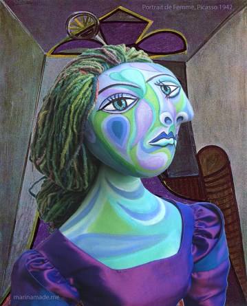 Dora muse with "Portrait de Femme",1942, Picasso. Dora Maar muse, designed and sculpted in textiles by artist, Marina Elphick. Dora Maar, Picasso's muse and lover, was a talented photographer and artist herself.