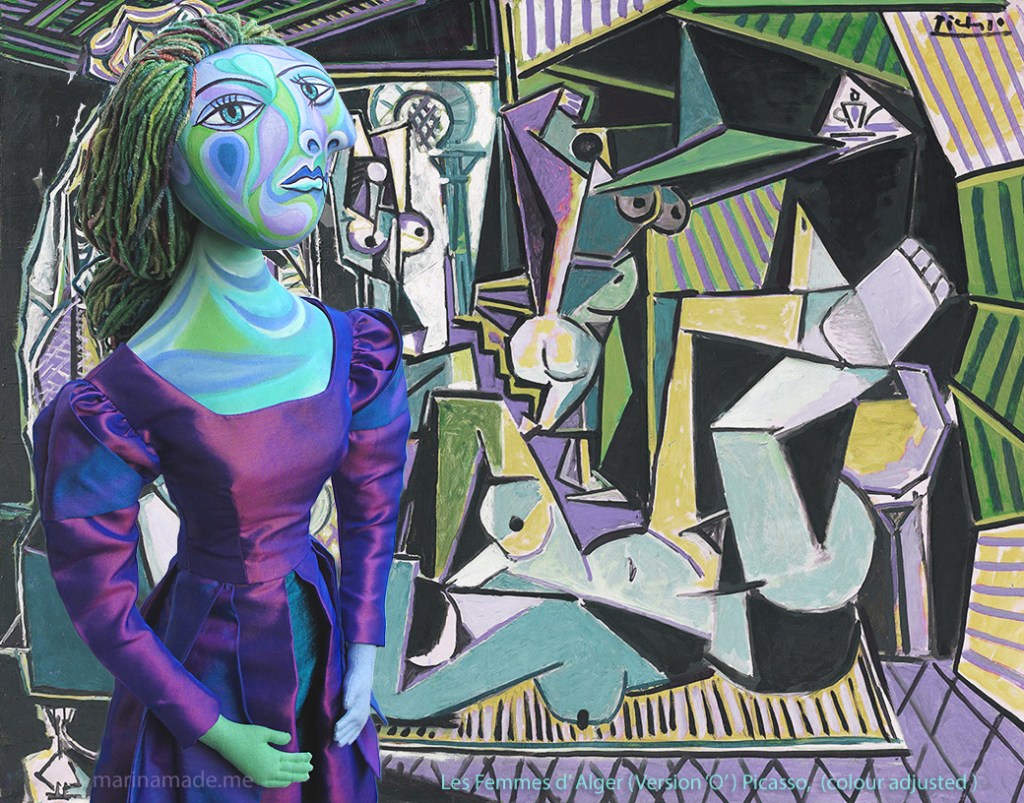 Dora Maar muse with "Les Femmes d' Alger", by Picasso 1955; colour adjusted by Marina. Dora Maar muse, designed and sculpted in textiles by artist, Marina Elphick. Dora Maar, Picasso's muse and lover, was a renowned Surrealist photographer and artist herself.