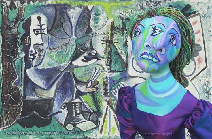 "Painter and his model in a Landscape," 1953 by Picasso, with Dora Maar muse facing outward. Dora Maar muse, designed and sculpted in textiles by artist, Marina Elphick. Dora Maar, Picasso's muse and lover, was a talented photographer and artist herself.