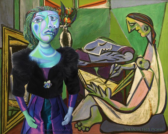 Dora and 'The Muse', 1935 Picasso. Dora Maar muse, designed and sculpted in textiles by artist, Marina Elphick, inspired by the paintings of Picasso. Dora Maar, Picasso's muse and lover, was a talented photographer and artist herself.
