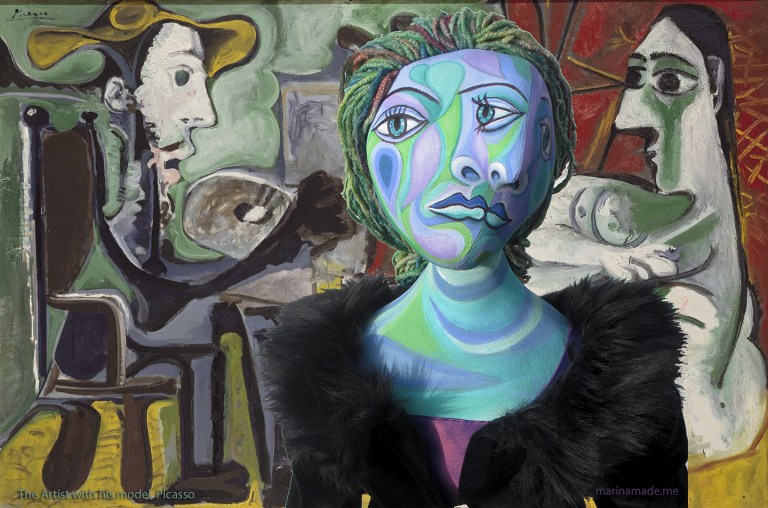 Dora muse, The artist with his model by Picasso, 1963. Dora Maar muse, designed and sculpted in textiles by artist, Marina Elphick, inspired by the paintings of Picasso.Dora Maar, Picasso's muse and lover, was a talented photographer and artist herself.