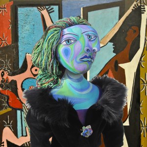 Dora Maar muse with "The Three Dancers," by Pablo Picasso, 1925. Dora Maar muse, designed and sculpted in textiles by artist, Marina Elphick. Dora Maar, one of six of Picasso's muses and lovers, Dora Maar was a renowned Surrealist photographer and artist herself.