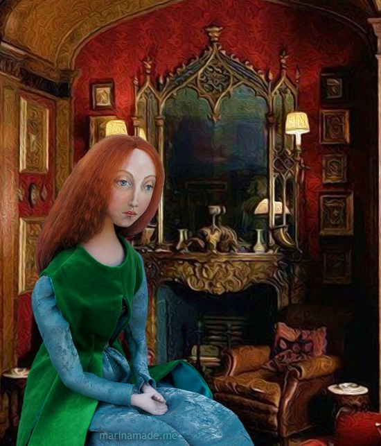 Lizzie muse in an imagined scene, numbed by sadness after the stillbirth of her daughter. Muse of Lizzie designed and sculpted in textiles by artist, Marina Elphick.