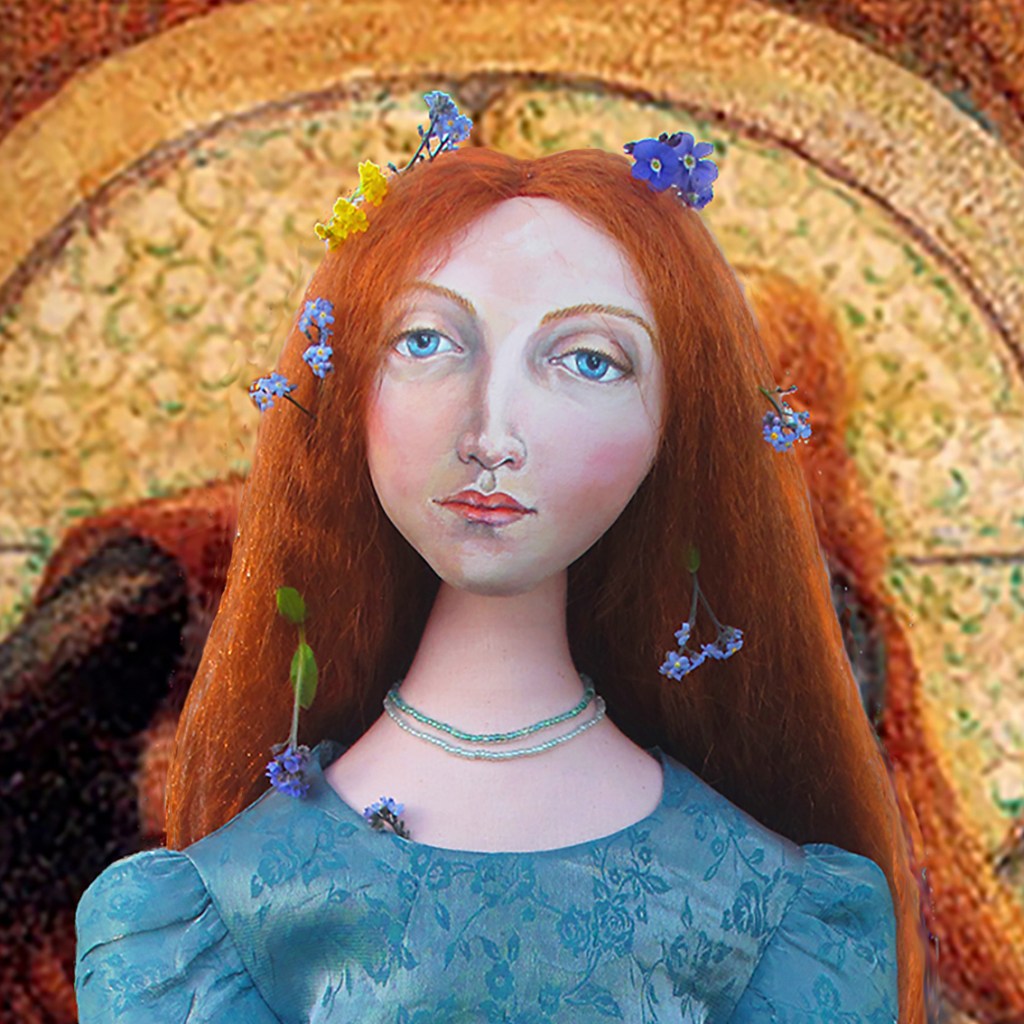 Lizzie Siddal muse, dressed as Ophelia, designed and sculpted in textiles by artist, Marina Elphick. Pre-Raphaelite muse and artist, Lizzie modelled for Rossetti and Millais.
