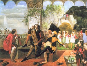 Twelfth Night by Walter Deverell 1849-1850.Lizzie can be seen far left in red.