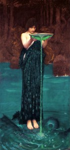 "Circe Invidiosa", by John William Waterhouse, 1892. One of several femmes Fatales characters proposing menace and harm to an unsuspecting victim.