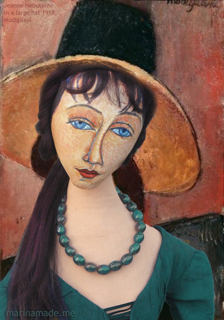 Jeanne Hébuterne muse within the painting of "Portrait of a Woman with Hat" by Amedeo Modigliani. Jeanne Hébuterne was Amedeo Modigliani's muse and lover, dying tragically young at 21. Jeanne Hébuterne was a talented artist in her own right, yet her life was too short for her creativity to mature. Muse made by Marina Elphick.