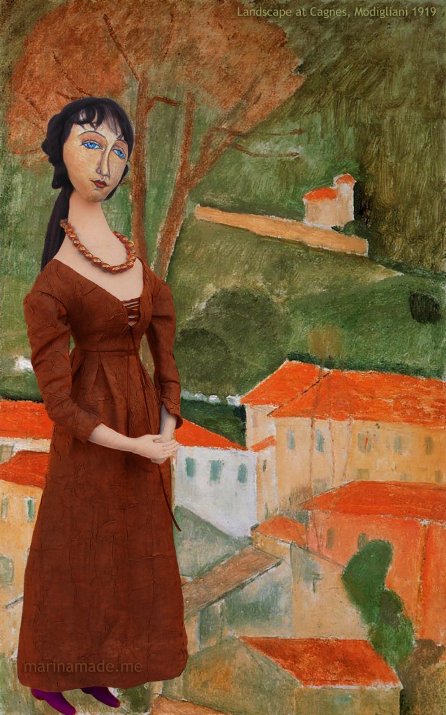 Modigliani's muse Jeanne in "Cagnes Landscape", 1919 by Amedeo Modigliani. Jeanne Hébuterne was Modigliani's muse and lover, dying tragically young at 21. Jeanne was a talented artist in her own right, yet her life was too short for her creativity to mature. Muse made by Marina Elphick.