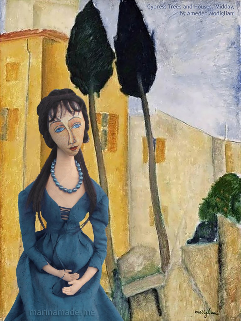 Jeanne muse with "Cypress Trees" by Modigliani. Jeanne Hébuterne was Modigliani's muse and lover, dying tragically young at 21. Jeanne was a talented artist in her own right, yet her life was too short for her creativity to mature. Muse made by Marina Elphick.