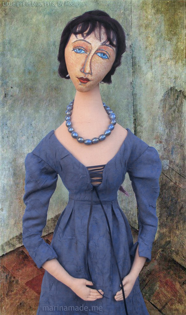 Jeanne muse with "Little girl in blue", 1918 by Amedeo Modigliani. Jeanne Hébuterne was Modigliani's muse and lover, dying tragically young at 21. Jeanne was a talented artist in her own right, yet her life was too short for her creativity to mature. Muse made by Marina Elphick.
