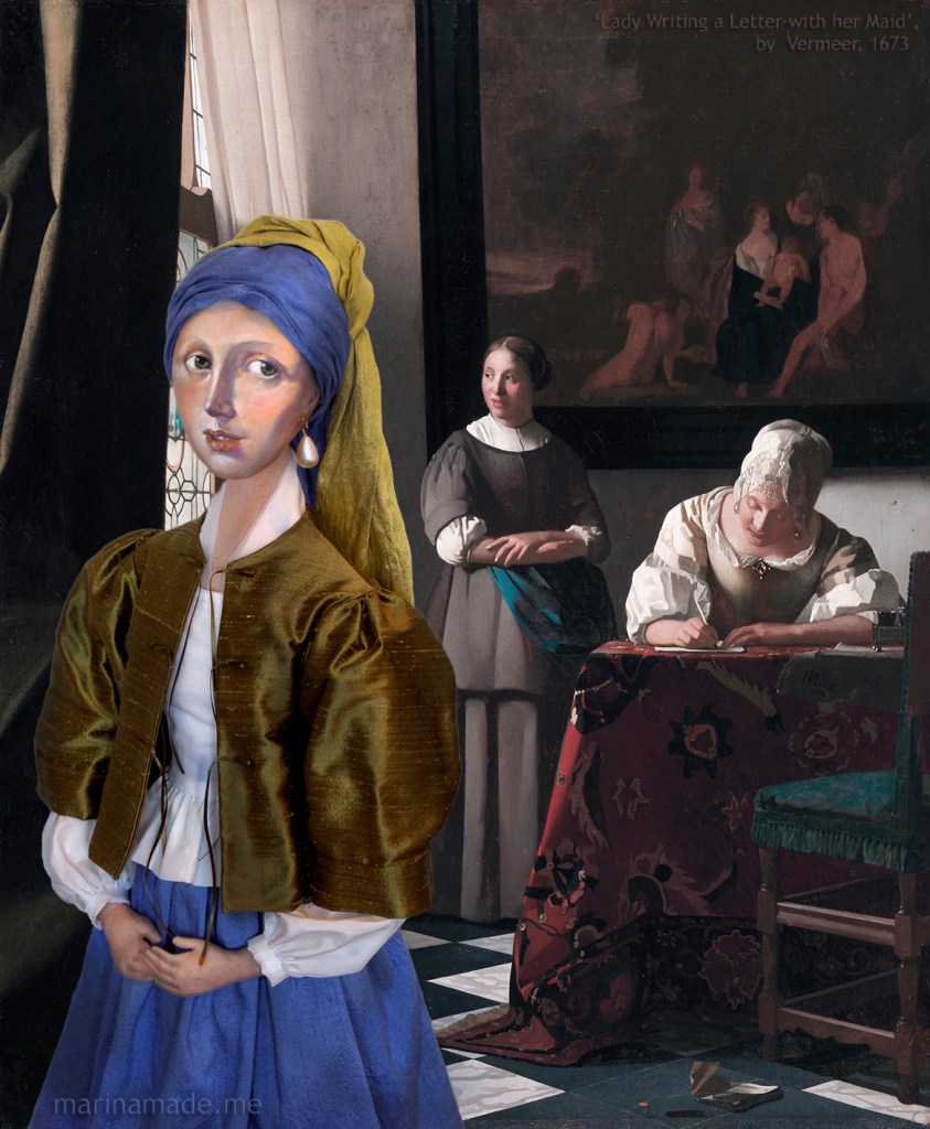 Girl with a Pearl earring muse with "Woman writing a letter with her maid", by Johannes Vermeer. Marina creates soft sculpted muses of the women in popular artists' lives and gives us an alternative narrative to their story. Marina's muses aim to educate and inform, appealing aesthetically to art lovers and students.