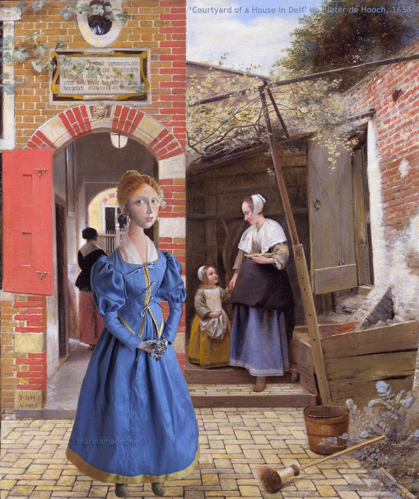 Maria Vermeer muse set in a "Courtyard of a House in Delft", 1658, a painting by Pieter de Hooch. Marina creates soft sculpted muses of the women in popular artists' lives and gives us an alternative narrative to their story. Marina's muses aim to educate and inform, appealing aesthetically to art lovers and students.