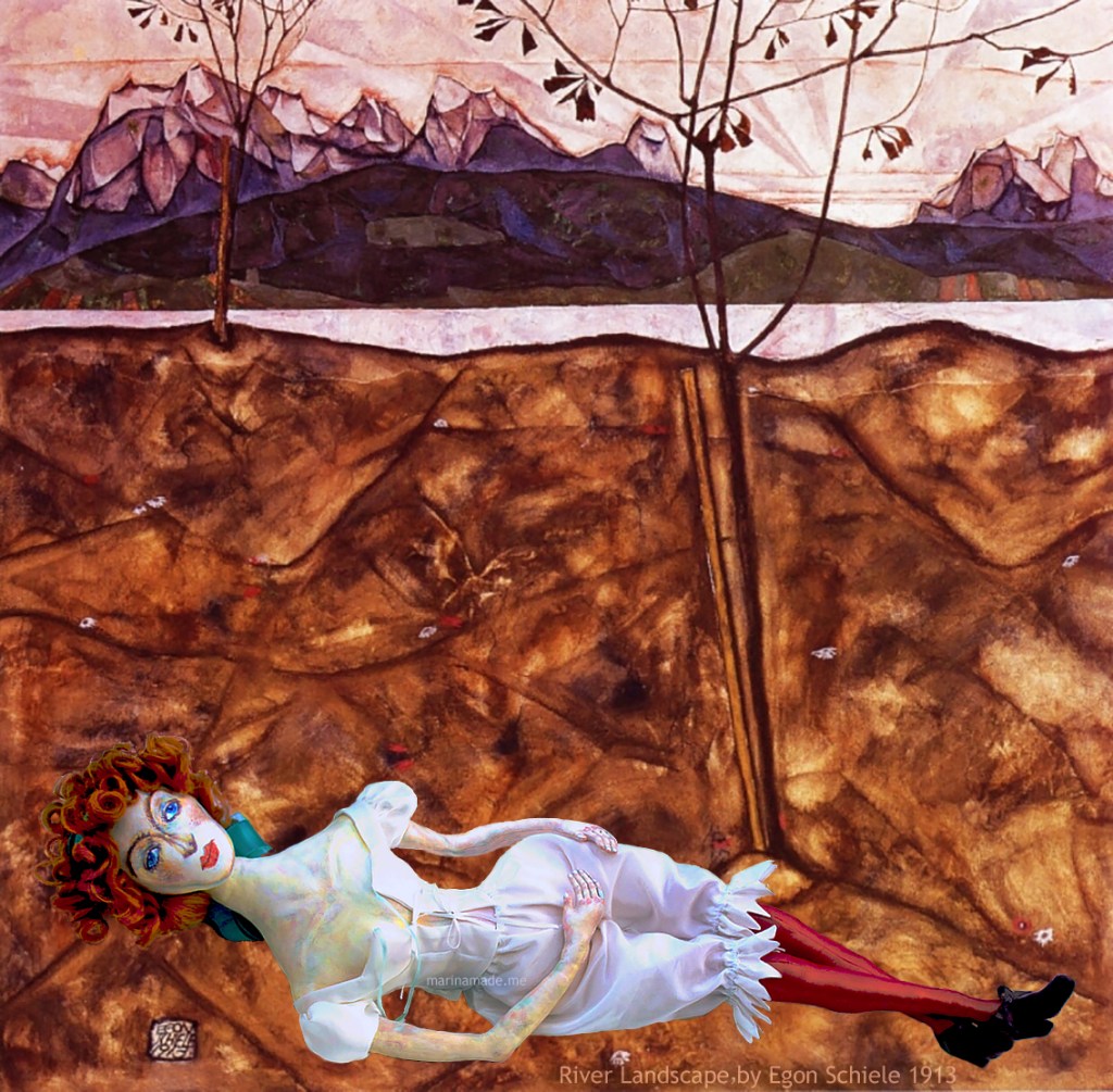 Wally muse in River Landscape, 1913 by Egon Schiele. Muses designed, sculpted, modelled and painted by Marina Elphick.