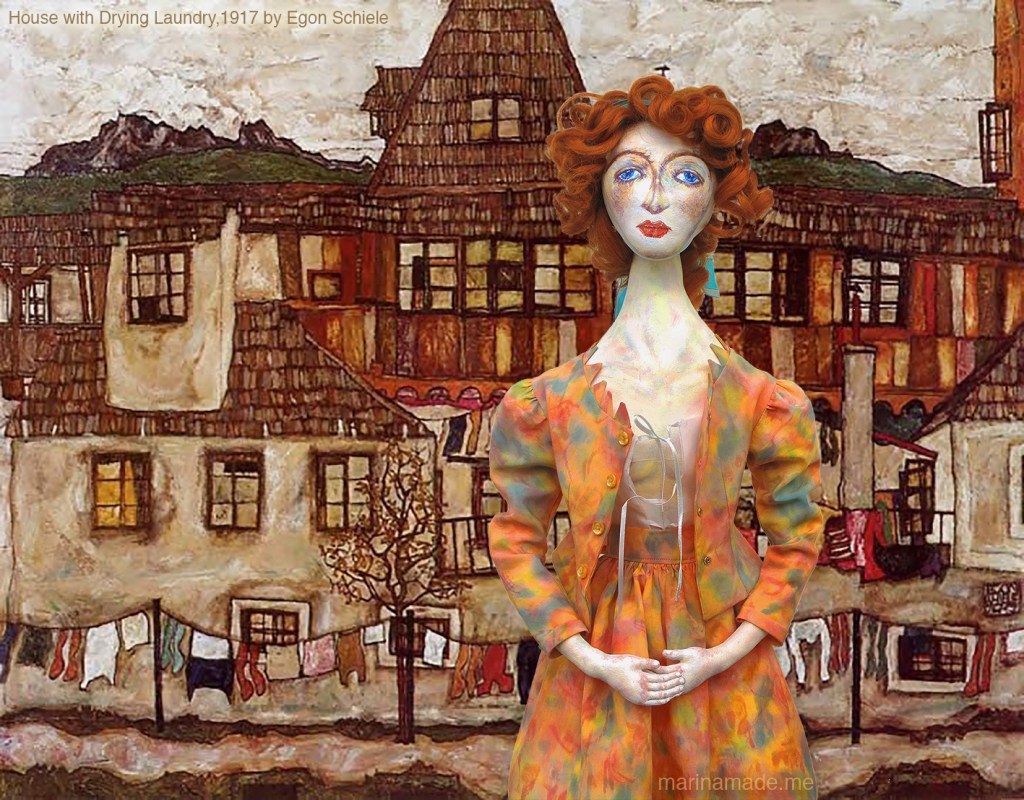 Wally Neuzil muse by 'House with Drying Laundry', Schiele, 1917. Muse designed, sculpted, modelled and painted by Marina Elphick.