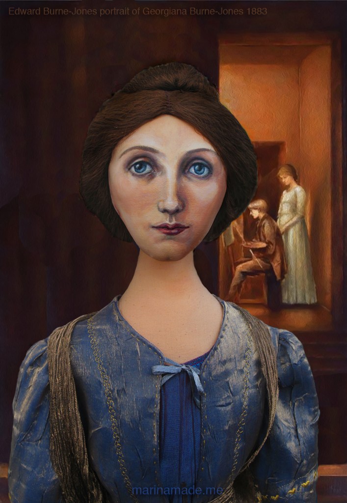 Muse of Georgiana set against a painting of her by Edward Burne-Jones. Georgiana muse designed, sculpted, modelled and painted by Marina Elphick. Sisterhood. Georgiana Burne-Jones muse designed, sculpted, modelled and painted by Marina Elphick. Marina's muses at marinamade.me