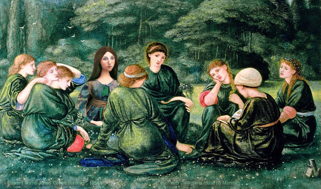 Georgiana muse sitting with sisters and friends in "Green summer", by Edward Burne-Jones.Georgiana Burne-Jones muse designed, sculpted, modelled and painted by Marina ElphickGeorgiana Burne-Jones muse designed, sculpted, modelled and painted by Marina Elphick. Marina's muses at marinamade.me