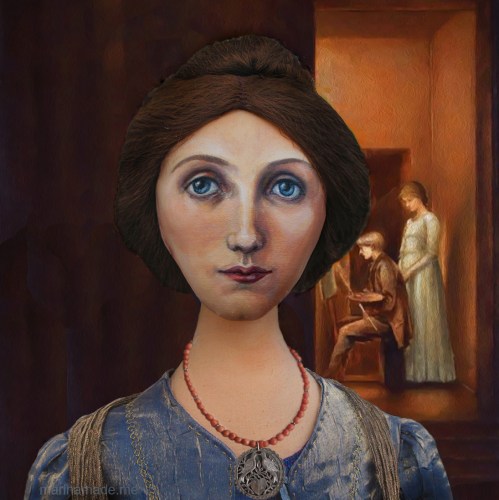 Georgiana muse, with coral necklace, of set against an adapted painting of her, the original by Edward Burne-Jones. Georgiana muse designed, sculpted, modelled and painted by Marina Elphick.